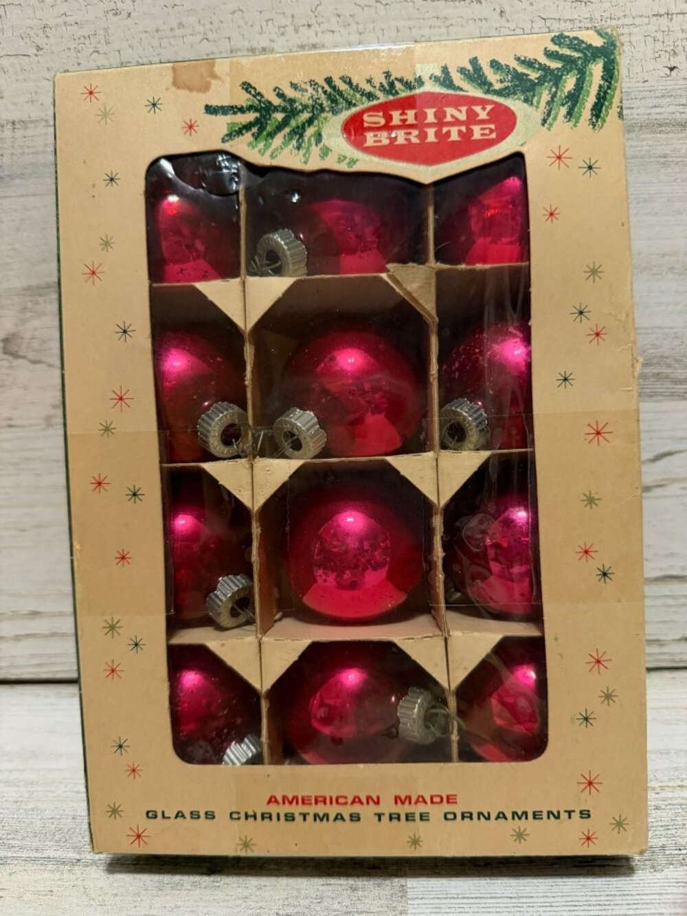Shiny Brite Vintage Glass Christmas Tree Ornaments Set Of 12 Red  Original Box